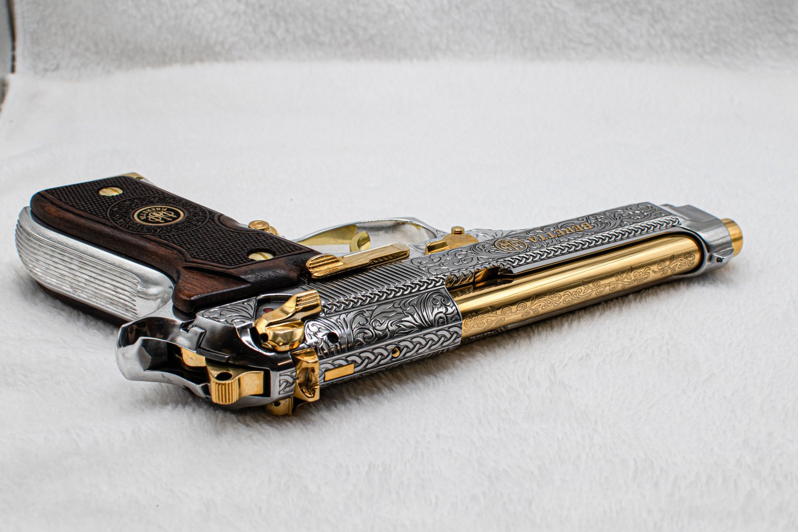 Bonded Ivory Beretta 92 FS Grips With Gold Medallion – Black Wood By Altamont